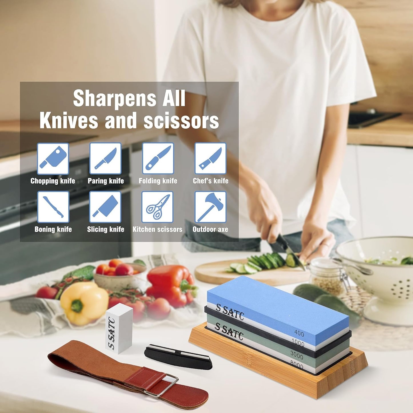 S SATC Knife Sharpening Stone Whetstone 4 Side Grit 400/1000 3000/8000 Stone Knife Sharpeners with Nonslip Rubber Bases, Wood Base, Flattening Stone, and Leather Strop