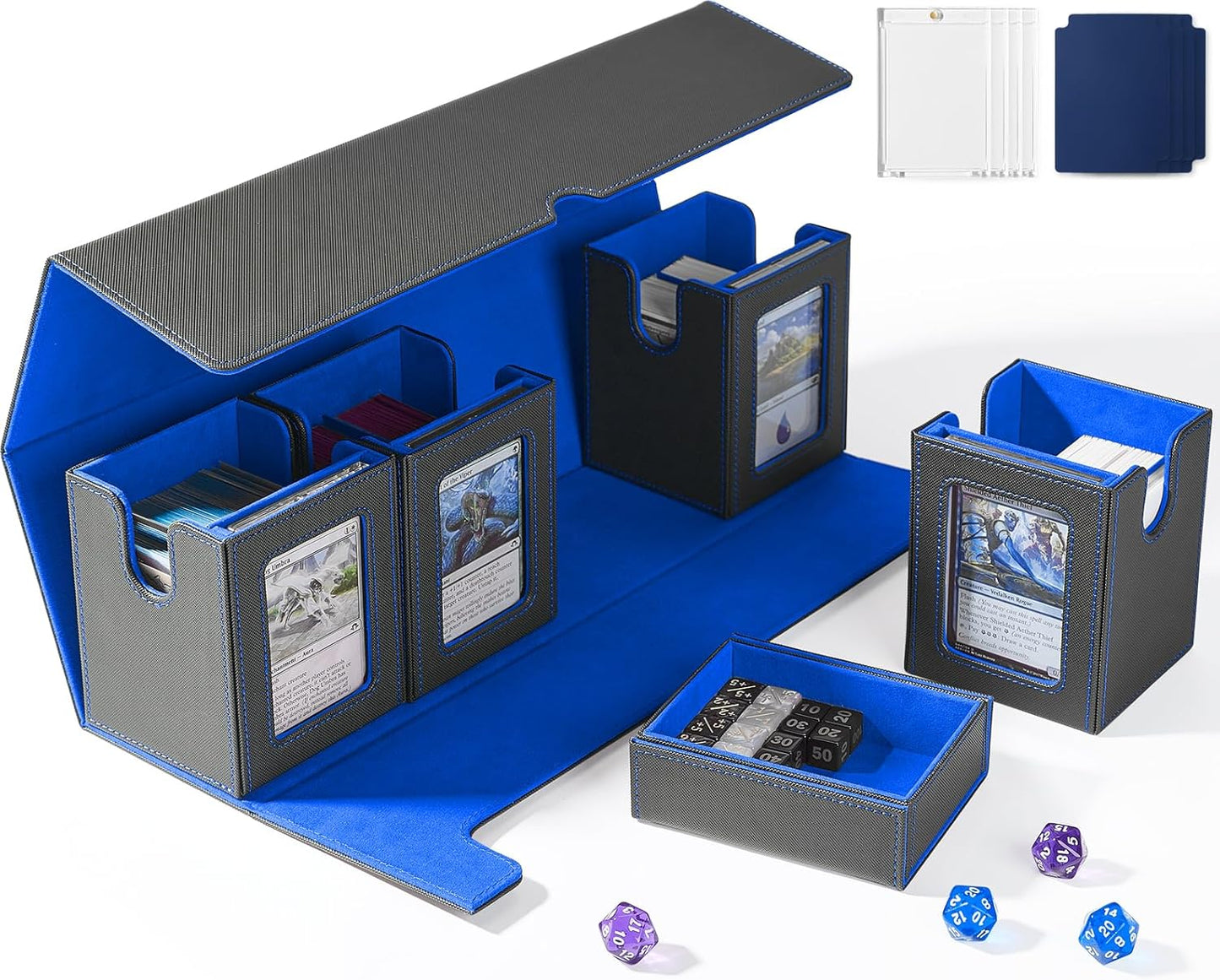 Card Deck Box for MTG with Commander Display, 5 in 1 Card Deck Case Holds 800+ Unsleeved Cards, Strong Magnet Organizer Compatible with Yugioh TCG Sports Cards (Black&Blue)