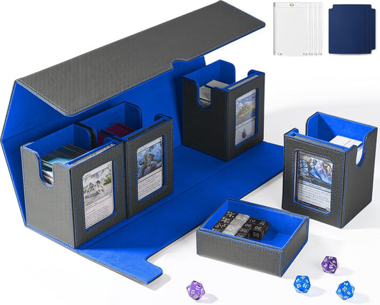 Card Deck Box for MTG with Commander Display, 5 in 1 Card Deck Case Holds 800+ Unsleeved Cards, Strong Magnet Organizer Compatible with Yugioh TCG Sports Cards (Black&Blue)