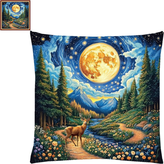 Fanxvivy Stamped Cross Stitch Kits for Adults Beginners Pillow Needlepoint Kit with Embroidery Pattern Needlework Kit Prestamped Stitches Kit 11CT Cross Stitching-Deer Under Starry Sky 18x18 inch