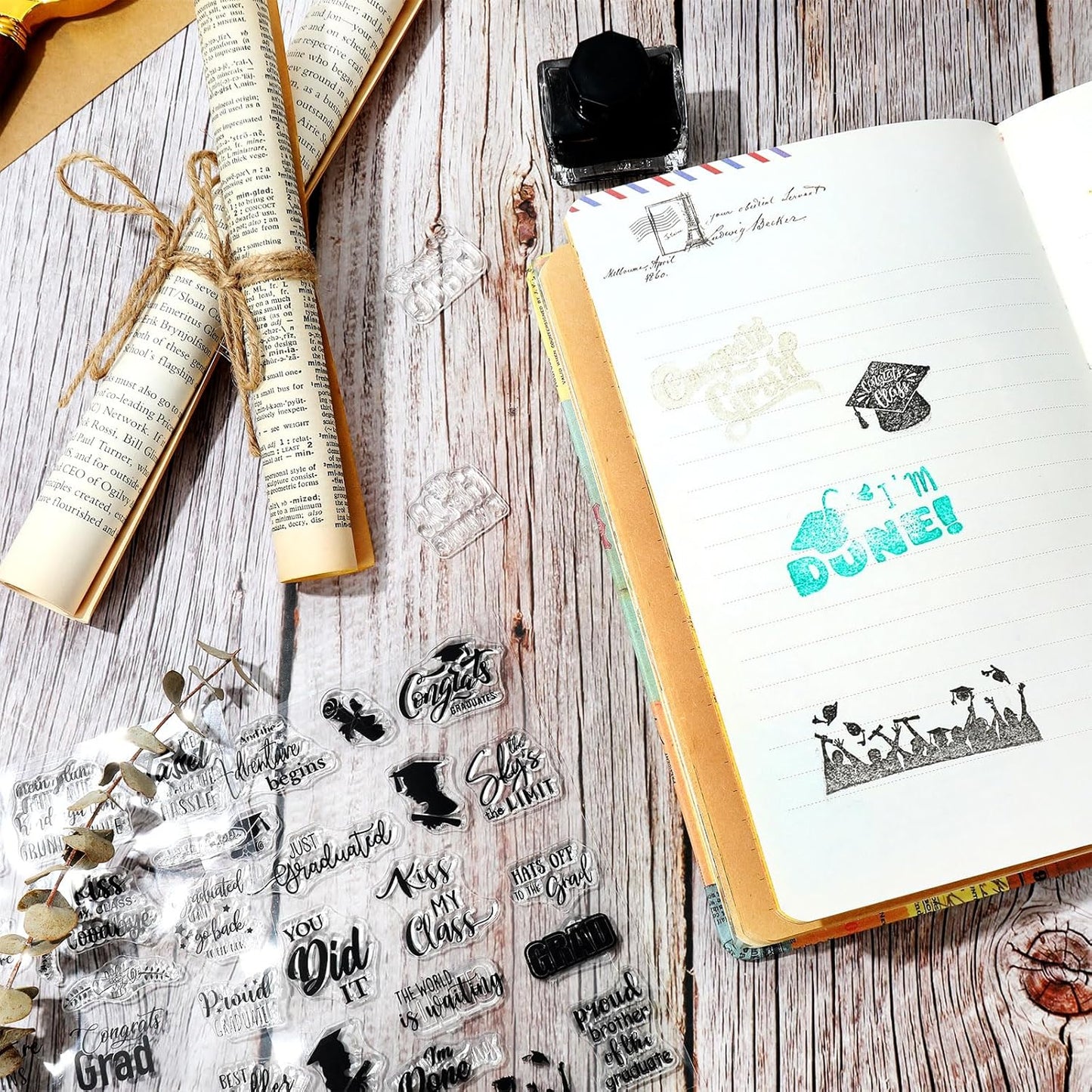 Whaline 4 Sheet Graduation Words Clear Stamps Congrats Grad Cap Silicone Transparent Stamps Border Stamp Cards for DIY Craft Card Making Scrapbooking Embossing Album Decor