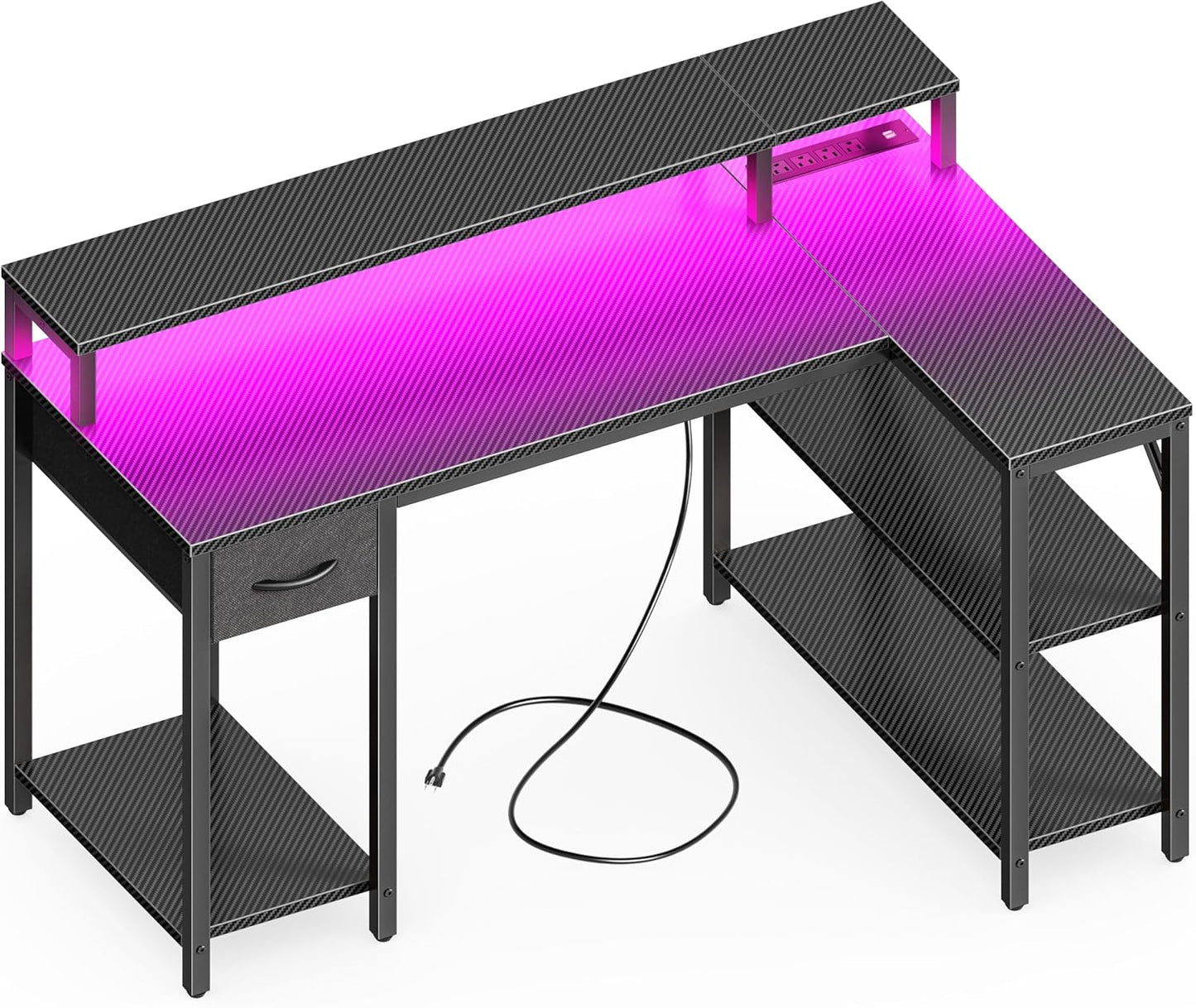 SUPERJARE 47 inch Reversible L Shaped Desk with LED Lights & Power Outlets, Computer Desk with Shelves & Monitor Stand, Gaming Desk with Drawer, Home Office Desk Corner Desk, Carbon Fiber Black