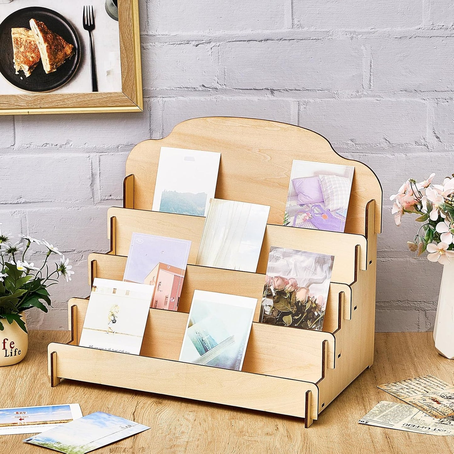 Barydat 2 Pcs 4 Tier Greeting Card Display Stand Wooden Sticker Display Stand Portable Card Display Rack for Vendors Retail Counter Table Display Trade Shows Showcase (Wood Color,15.8 Inch)