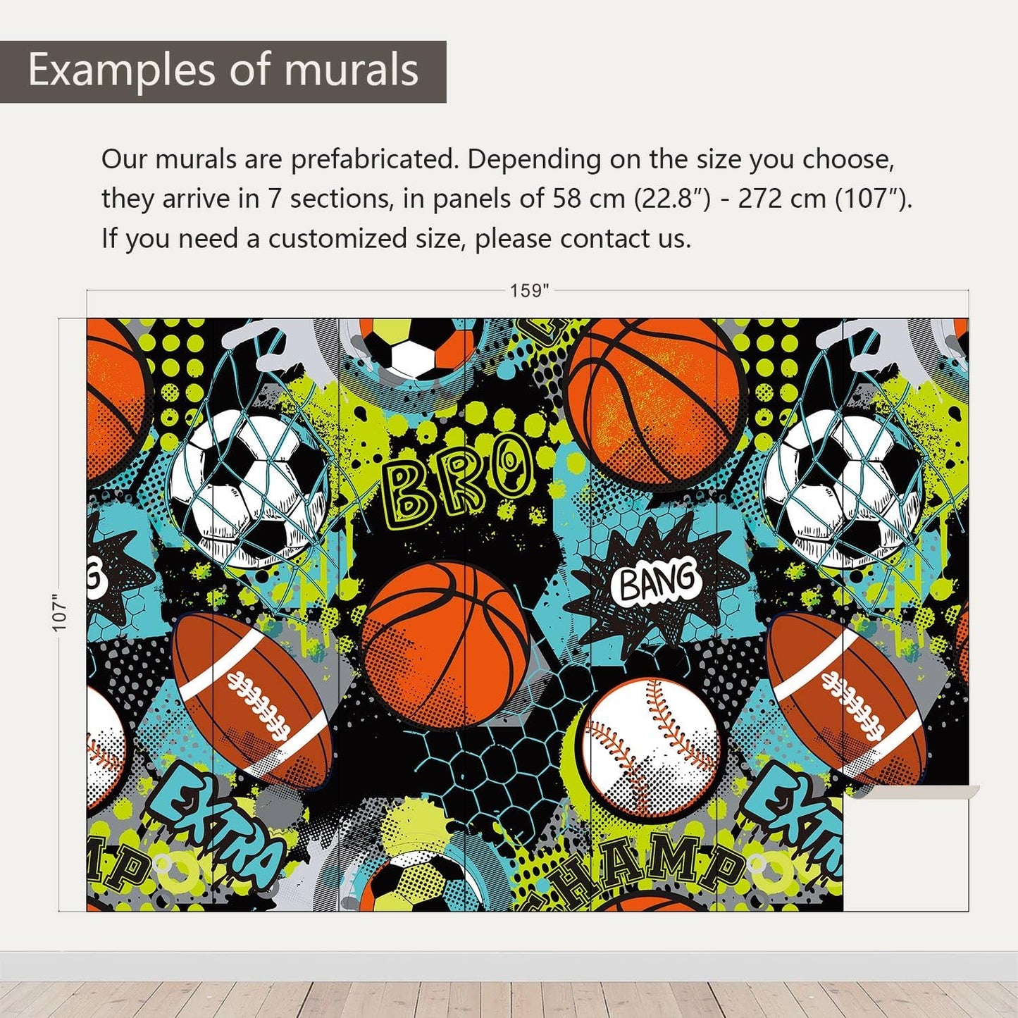 AFZEVEB-Colorful Graffiti Wallpaper Hand-Painted Ball Wall murals for Kids Room 159"x107"(Not Peel and Stick)