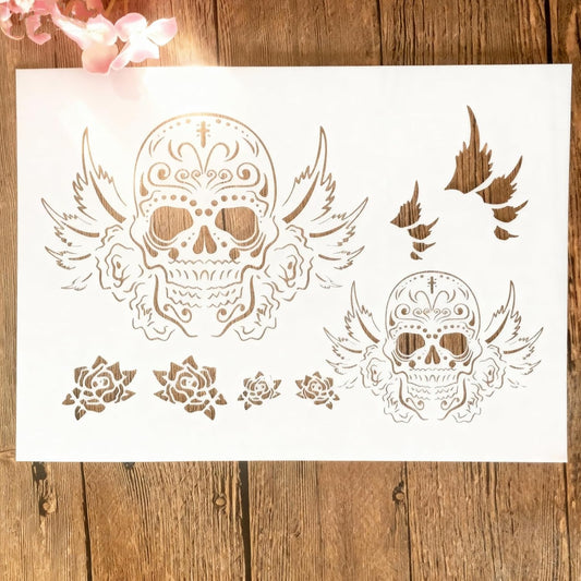 TIAMECH A4 Reusable Flying Skull Wings Stencil for Painting - Halloween Ghost Layering Template, DIY Wall Art, Wood Furniture, Scrapbook & Crafts (8.3x11.7inch)