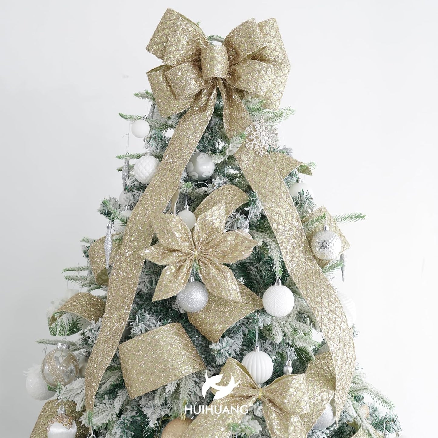 HUIHUANG Champagne Gold Christmas Ribbon 4 inch Glitter Wired Ribbon Diamond Mesh Wire Ribbon for X-mas Tree Decorations, Wreaths, Garland, Large Bows Making, Wedding Decor -10 Yards