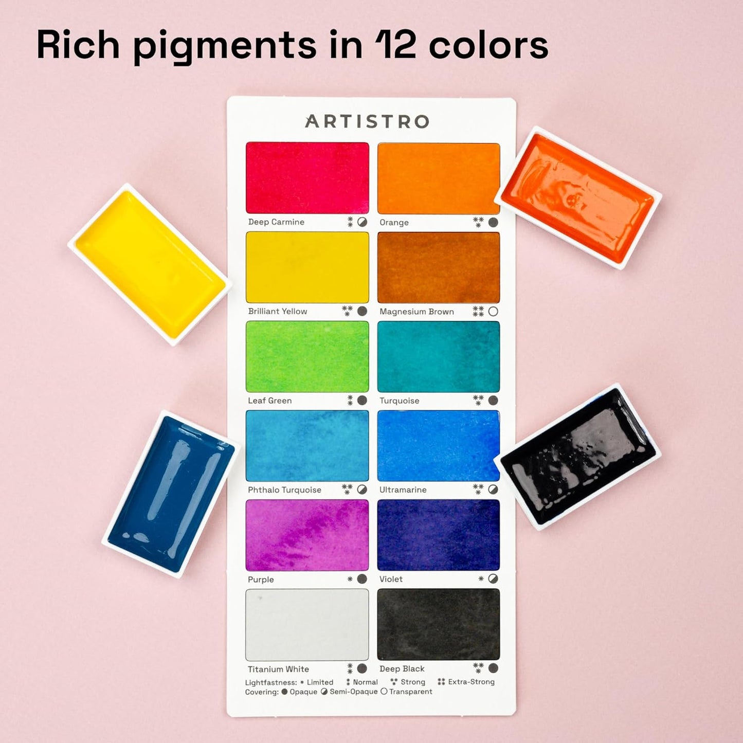 ARTISTRO Professional Watercolor Paint Set for Adults - 12 Pigment-Rich Colors, XL Pans, ASTM-I Lightfastness, High Tinting Strength Watercolor Set for Professionals made by professionals