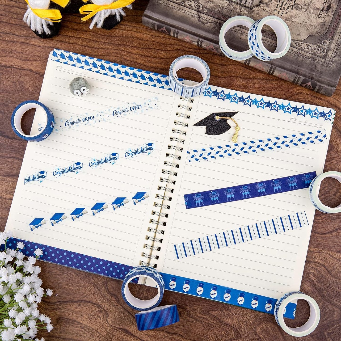 Whaline 12 Rolls Graduation Washi Tape Blue White Congrats Grad Washi Masking Tape Congratulations Star Grad Cap Decorative Paper Stickers for Graduation Scrapbook Gift Wrapping DIY Art Crafts