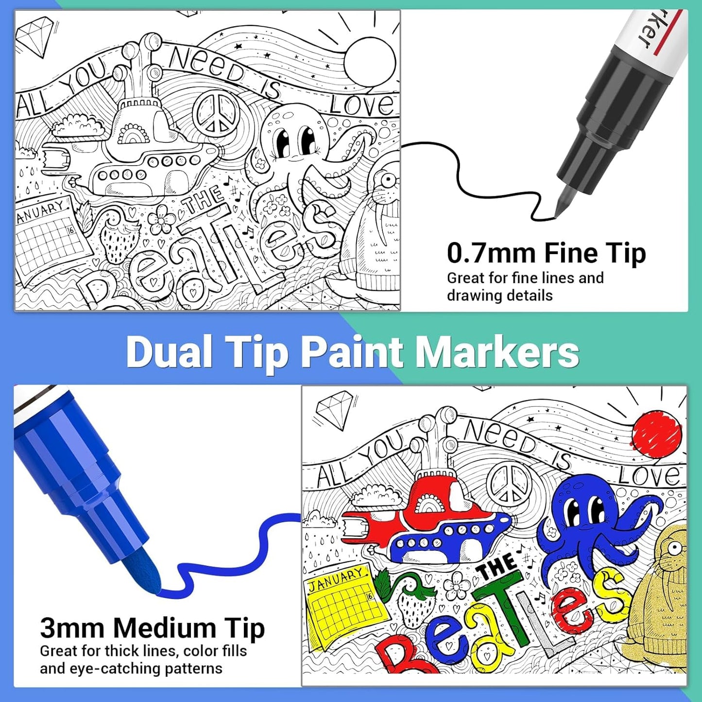 Oil Based Paint Markers, 8 Colors Dual Tip Paint Pens Paint Markers(0.7mm & 3mm), Waterproof Paint Pen for Rock Painting, Metal Wood Glass Stone Canvas Mugs Fabric Plastic
