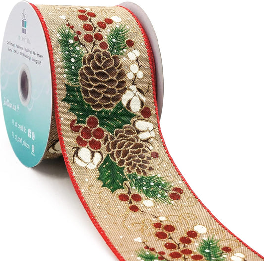 CT CRAFT LLC Tan Faux Jute Burlap with Pinecones Wired Ribbon 2.5 Inch x 10 Yards for Christmas Home Decor Tree Topper Bow Gift Wrapping DIY Crafts Wreath Garland