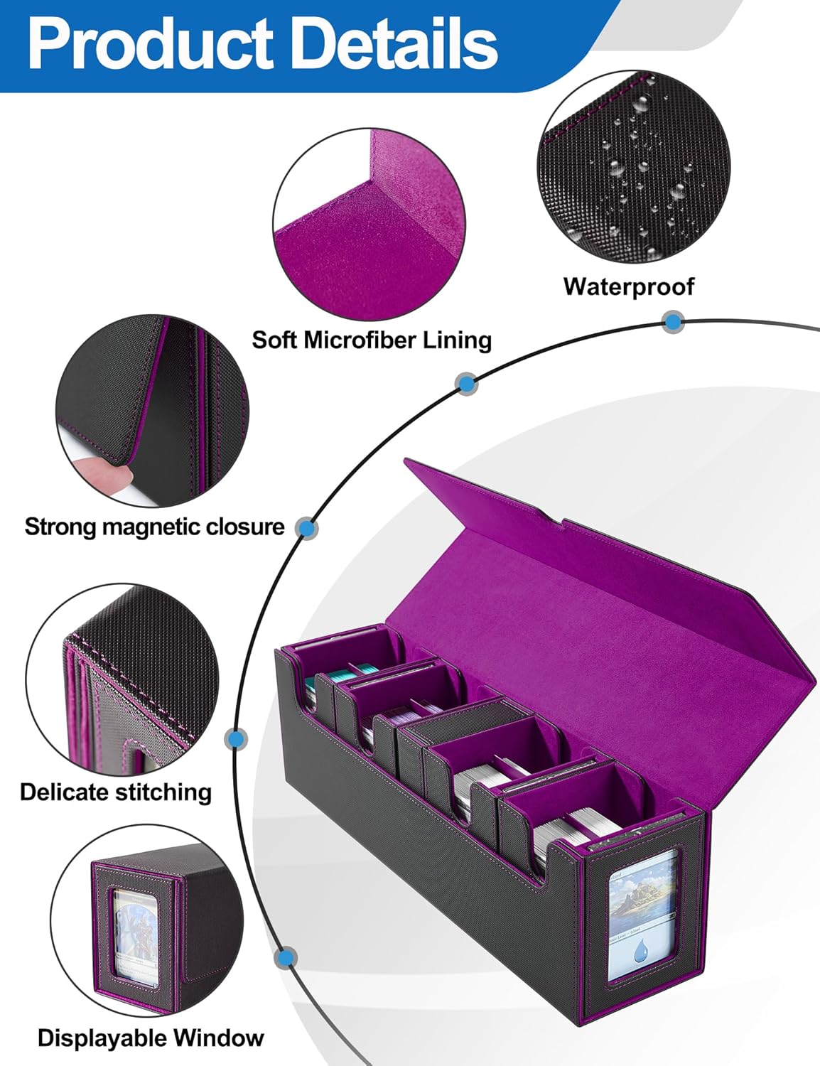 Card Deck Box for MTG with Commander Display, 5 in 1 Card Deck Case Holds 800+ Unsleeved Cards, Strong Magnet Organizer Compatible with Yugioh TCG Sports Cards (Black&Purple)