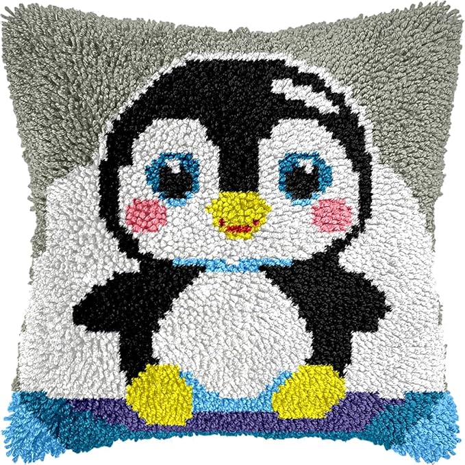 Cute Penguin Latch Hook Kits for Adults Kids Beginners Cartoon Animals Latch Hook Pillow Kit Pre-Printed Latch Hook Rug Kits Cross-stitch Cushion for Home Sofa Decoration 17x17 in. Craft Gift