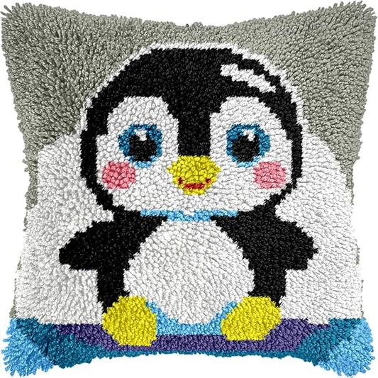 Cute Penguin Latch Hook Kits for Adults Kids Beginners Cartoon Animals Latch Hook Pillow Kit Pre-Printed Latch Hook Rug Kits Cross-stitch Cushion for Home Sofa Decoration 17x17 in. Craft Gift