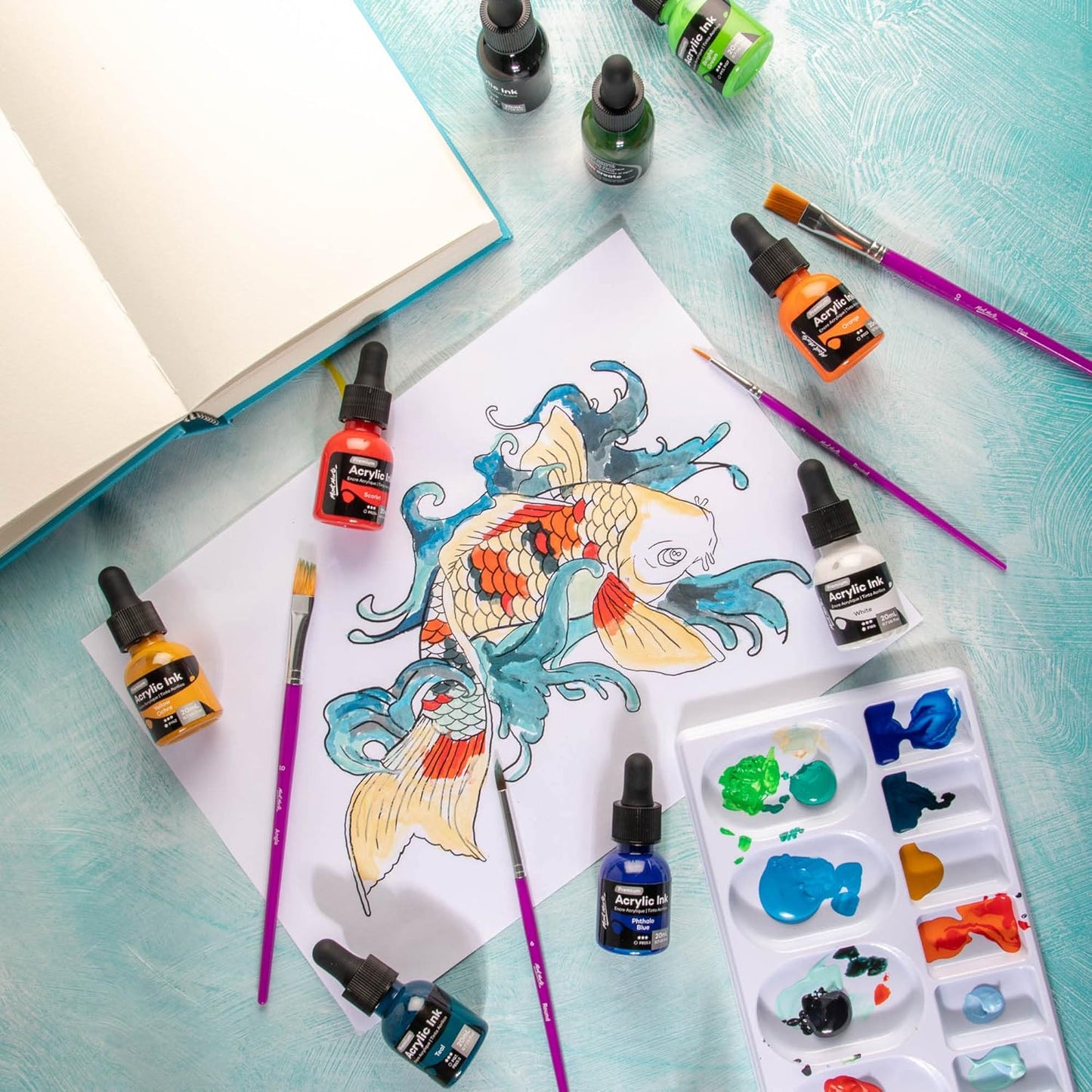 Mont Marte Acrylic Ink Premium 12pc x 20ml (0.7 US fl.oz), Acrylic Inks for Artists, Essential Colors, Ideal for Air Brush, Pouring Art, Scrapbooking, Ink Drawing, Mixed Media