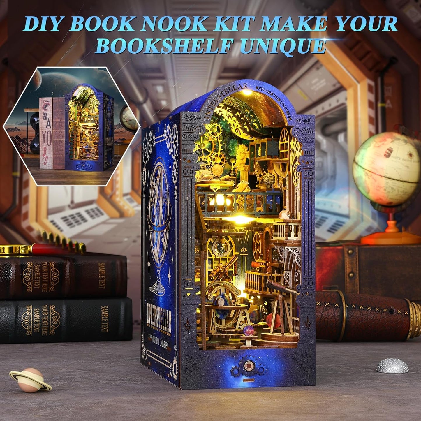 DIY Book Nook Kit Dollhouse Magic Booknook Bookshelf Insert Decor 3D Wooden Puzzle Bookend Miniature Kit with Sensor Light Creative Craft/Home Decoration for Adult (Interstellar Exploration)