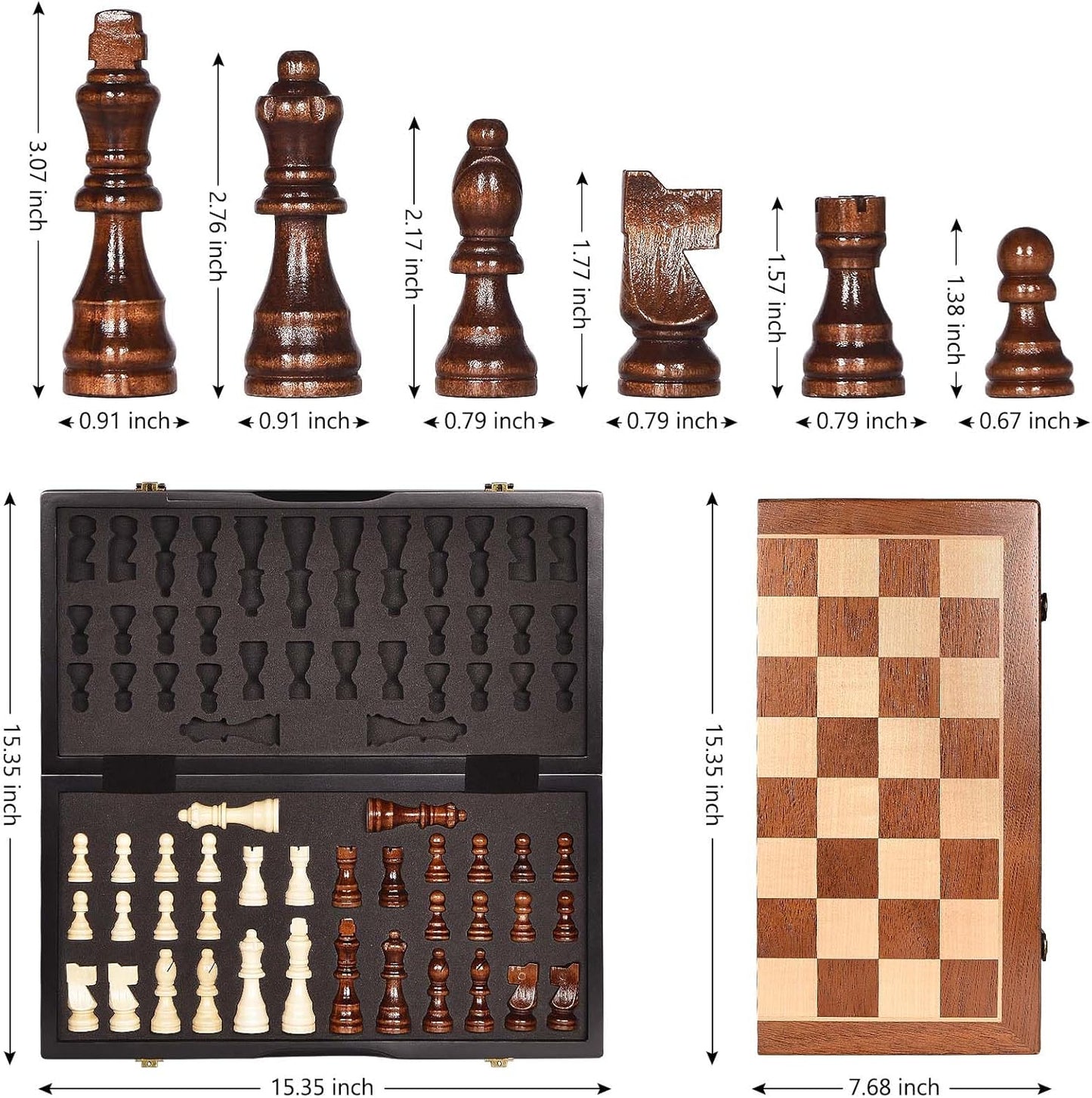 Magnetic Wooden Chess Set 15" Unique Chess Board Game with Chess Pieces Storage Slots, Tournament Portable Folding Travel Chess Sets for Kids Adults Beginner and Pros, 2 Extra Queens