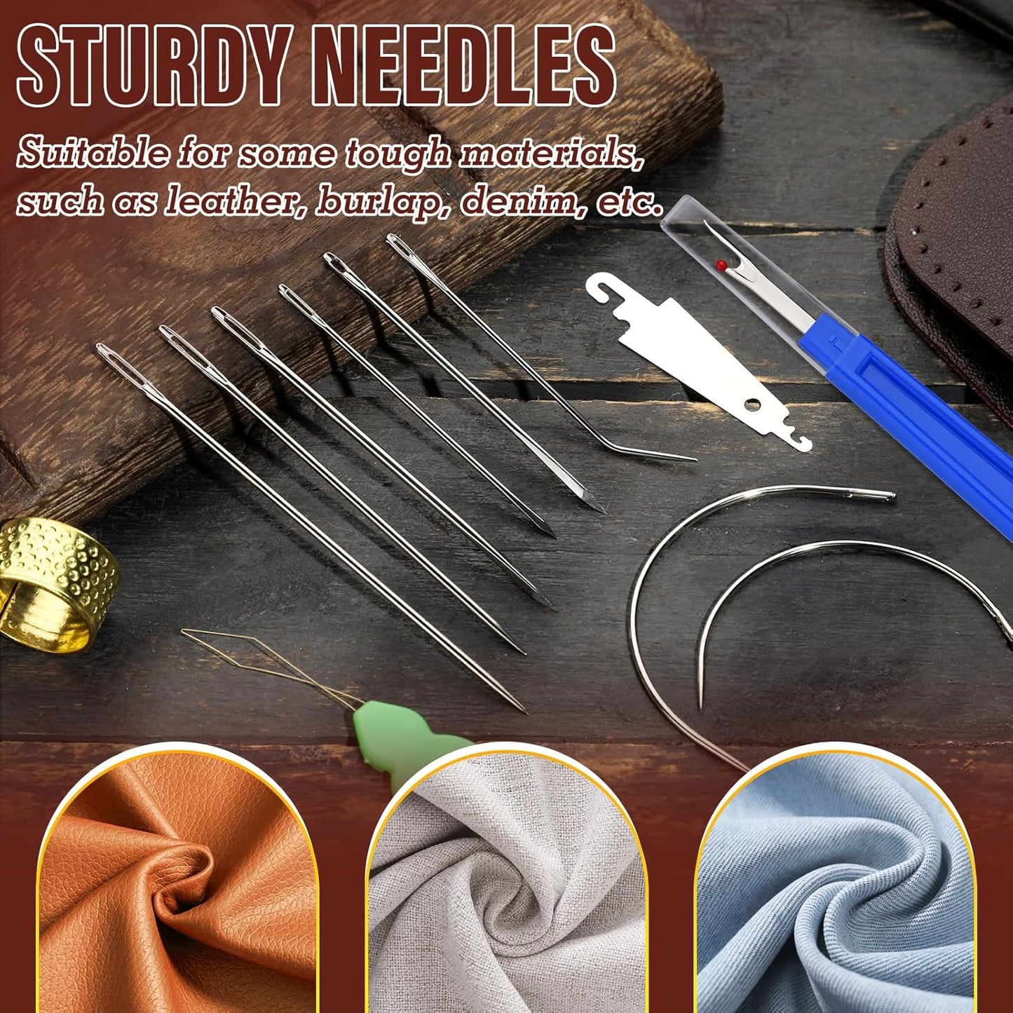 Repair Sewing Kit, Upholstery Needle and Thread Kit with 32 Yard Waxed Thread and 8 Pcs Heavy Duty Leather Needles for Hand Stitching, Canvas & Quilting - 0.55mm Round Waxed Cord Beige