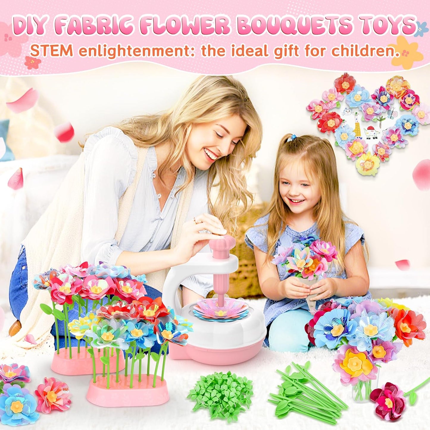 GirlsHome 300+PCS Fabric Flower Bouquets Toys, DIY Flower Crafts Kits for Kids, Arts and Crafts for Kids Ages 6-8 Girls, Build Flower Bouquet, STEM Educational Toy Preschool Gifts (White Pink)