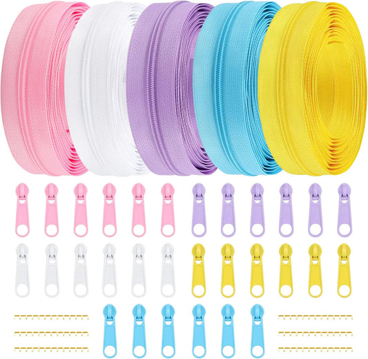 DOITEM Zipper Tape 3 mm by The Yard - 12.5 Yard/14 Meter Nylon Endless Set With Slider - 5 Colors for Sewing