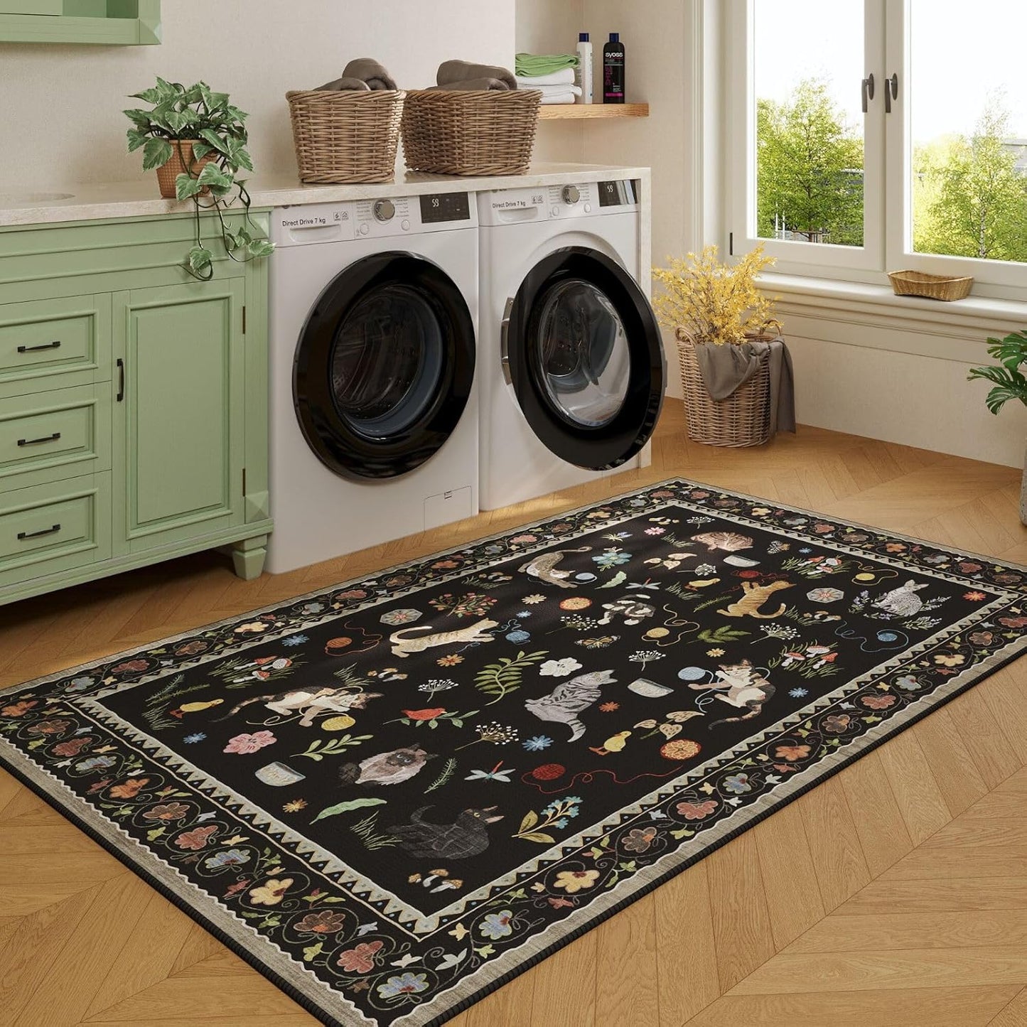 Rugcomf Area Rug 4x6 Rug Washable Boho Rugs Non Slip Low Pile Floral Animal Cat Small Carpet for Bedroom Bedside Kids Room Office Dining Room, Black