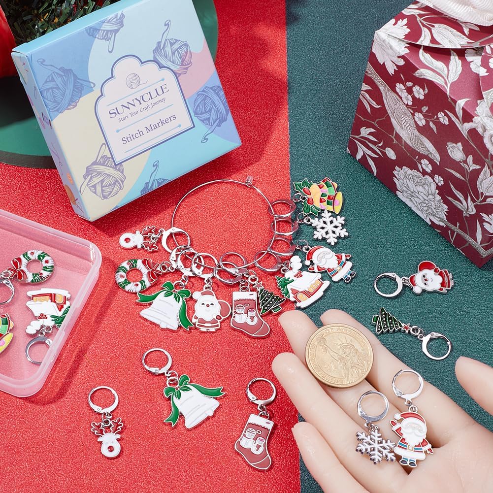 SUNNYCLUE 1 Box 20pcs Christmas Stitch Markers Knitting Crochet Knitting Markers Leverback Hoop Stitch Marker Enamel Crochet Knitting Markers for Knitting Weaving Sewing Needleworks DIY Craft Supplies