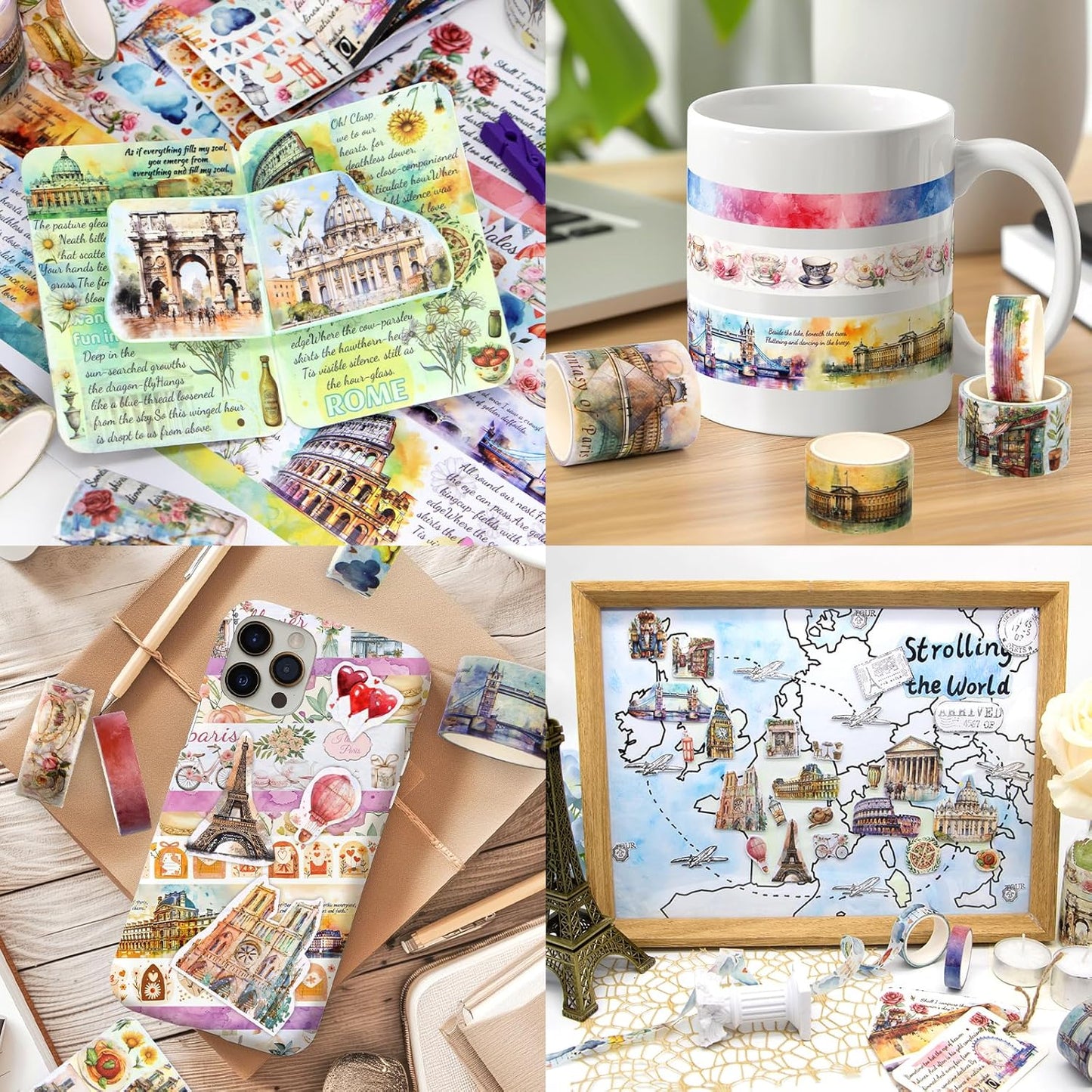 MPOPUUL Washi Tape Set 18 Rolls - European Tourism Decorative Adhesive Masking Tape for Journaling, Vintage Colored Tape for Junk Journaling Supplies, Scrapbooking Supplies, DIY Crafts, Planner