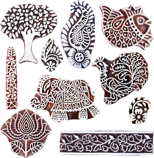 Royal Kraft Wooden Stamps for Block Printing on Saree Border, Textile, Clay, Pottery, Tattoo (Set of 10) MXtag0003