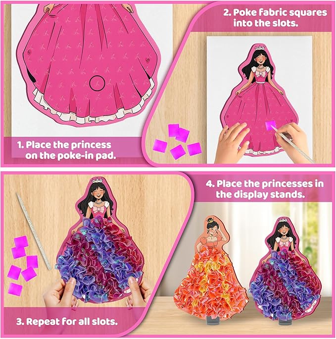 8 Packs Poke in Crafts Art Kits for Girl, Magical Prienceses Mess Free Kids' Paper Craft Kits, Birthday Gift for Girls 4 5 6 7 8 9 Years Old, DIY Presents, Mess Free Art Activity
