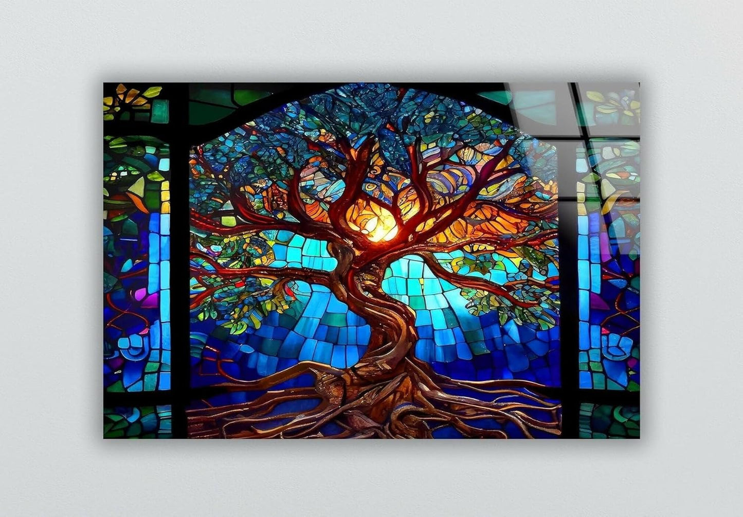My Photostation.com 35.5Wx30H'' Stained Blue Life of Tree Glass Wall ArtTempered Glass Printing Wall Decor Large Wall Art Wall Hangings
