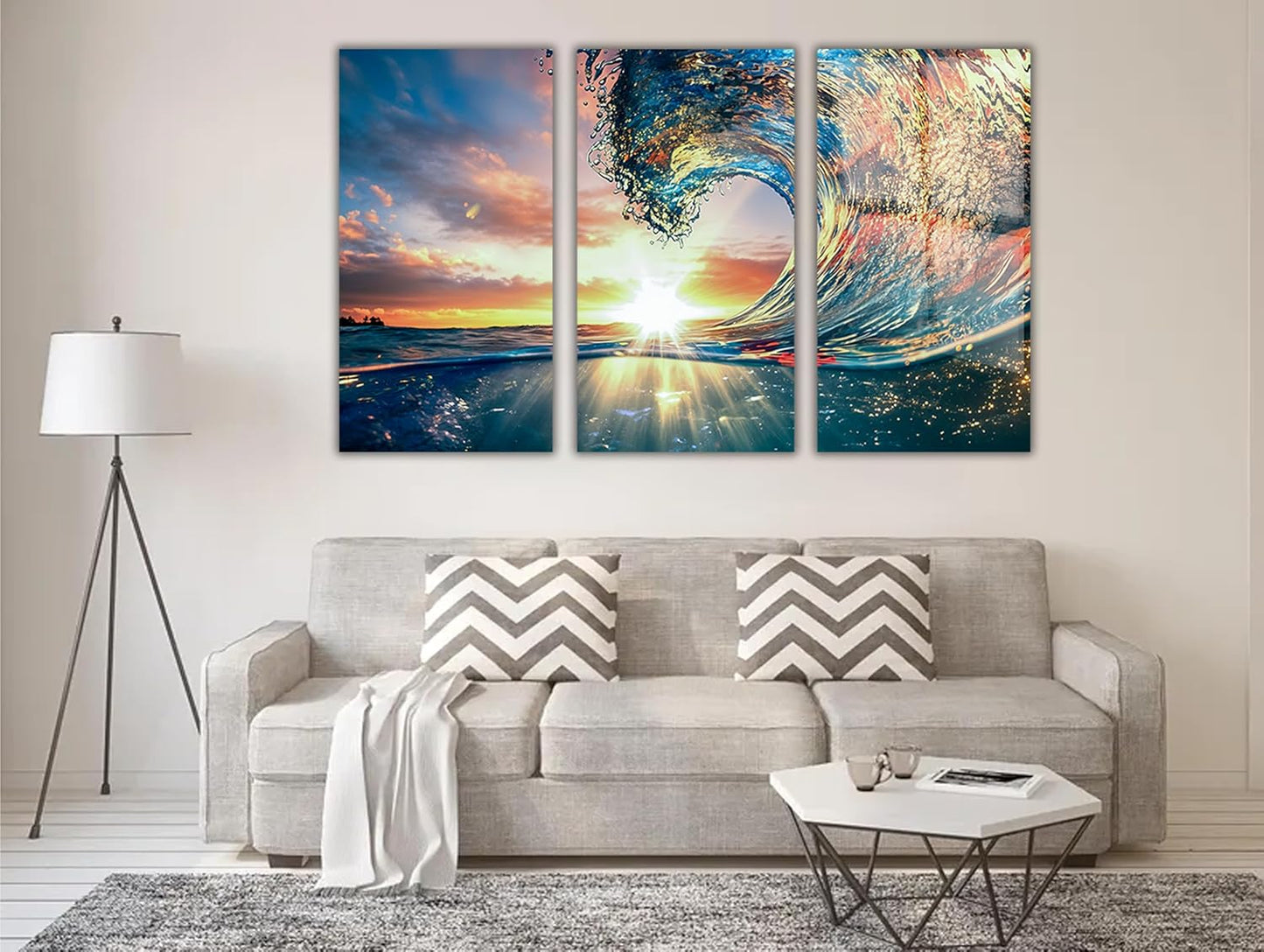 SpiritualHands Shining Sun and Waves Printed Tempered Glass Wall Art Painting for Living Room, Tempered Glass Modern Prints Decor, Large Vivid Color Panel for Bedroom, Kitchen, or Office
