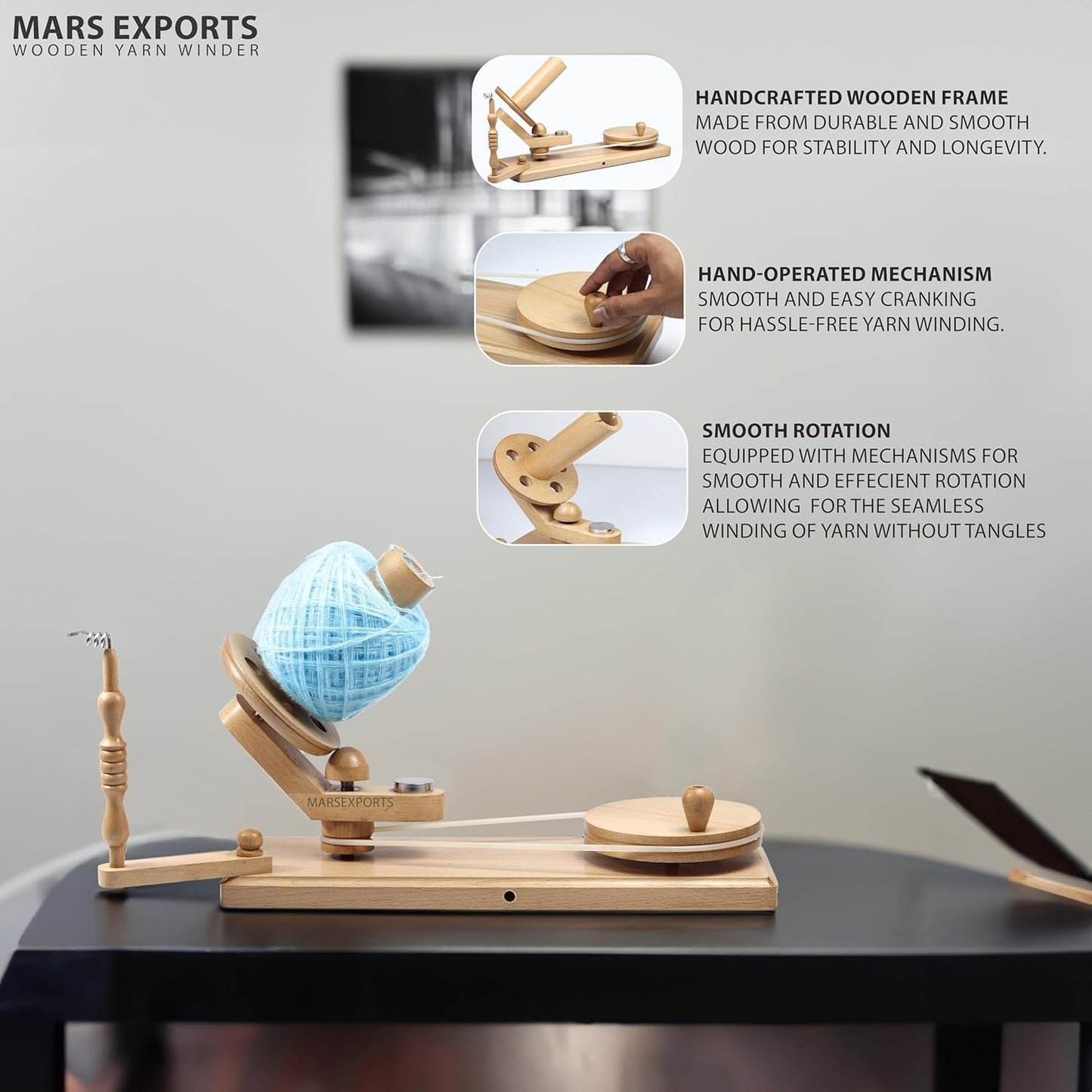 Wooden Yarn Winder with Swift – Manual Yarn Ball Winding Tool for Knitting and Crocheting (ONLY Winder Beechwood)