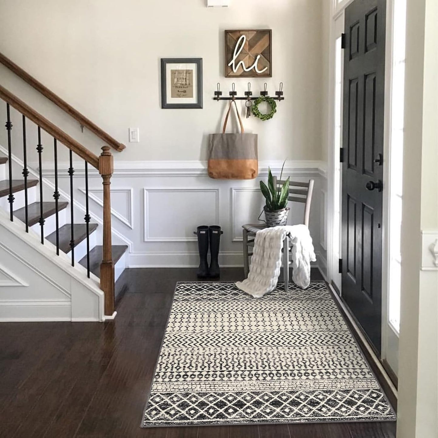 3x5 Rug for Living Room, Ultra Soft Non Slip Moroccan Washable Rug, Distressed Entryway Rugs, Low-Pile Throw Carpet Black Rugs for Bedroom Kitchen Living Room Dinning Room