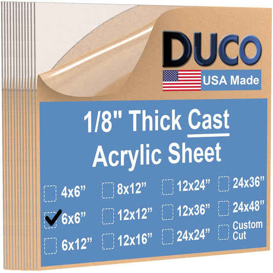 Duco USA-Made Clear Cast Acrylic Sheet 1/8 Inch Thick 6" x 6" - 12 Pack of Transparent Plexiglass Sheet - Lightweight Acrylic Board for Window Replacements, Displays, Signs, and More