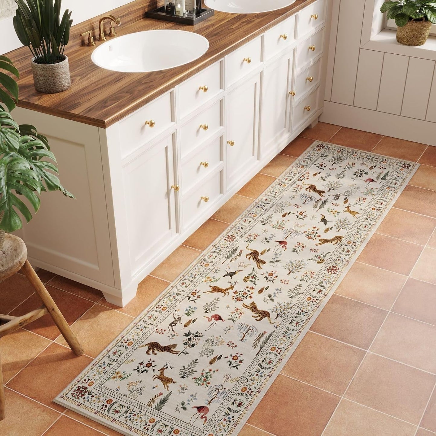 Rugcomf Runner Rug for Kitchen Non Slip 2'6''x8' Washable Rugs with Rubber Backing Soft Floral Animal Carpet Runner for Kitchen, Laundry, Bedroom, Bathroom (Beige)