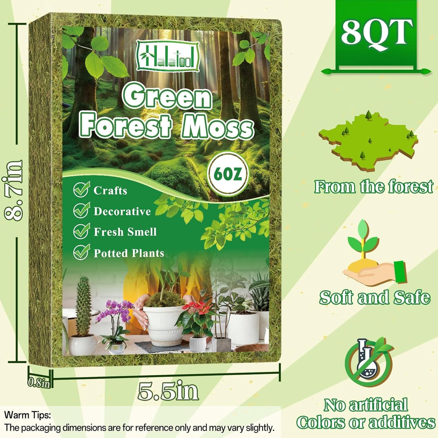 Halatool 6OZ Green Moss for Indoor Plants, 8QT Orchid Moss for Repotting, Forest Moss for Potted Plants, Real Moss for Succulent Carnivorous Houseplant Terrariums Garden Reptiles