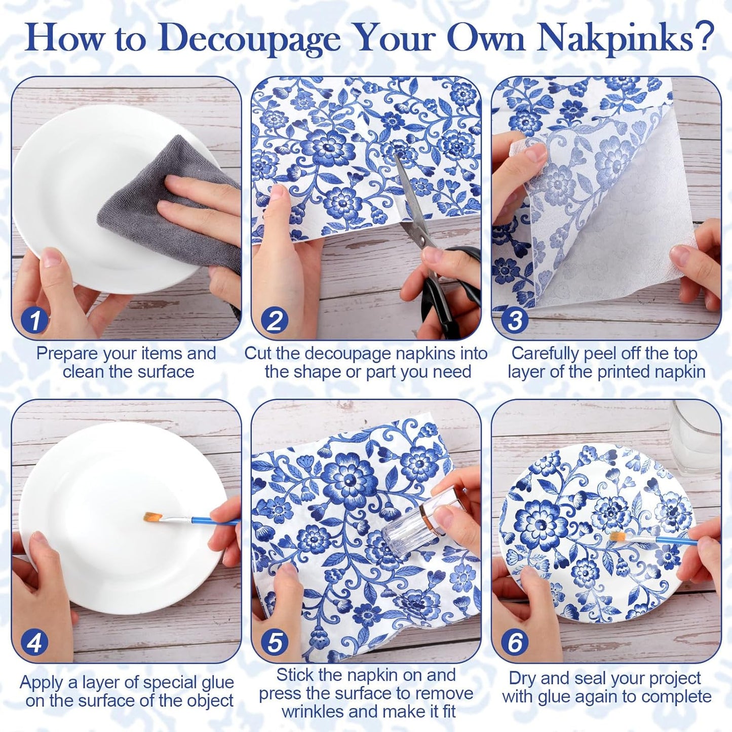 Epakh 36 Pack 6 Style Blue and White Decoupage Paper Napkins Assorted Floral Chinoiserie Decorative Cocktail Napkin Paper for DIY Crafts Fall Christmas Wedding Party Decor, Each Unfolded 13''