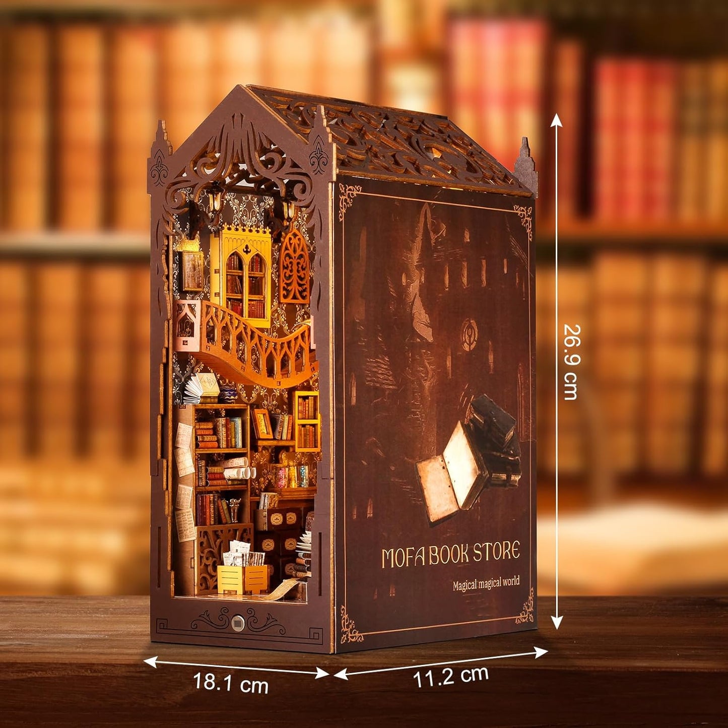 DIY Book Nook Kit, Miniature Dollhouse Bookshelf Insert with LED Light, 3D Wooden Puzzle Bookend Insert, Perfect for Teens and Adults, Magic Book