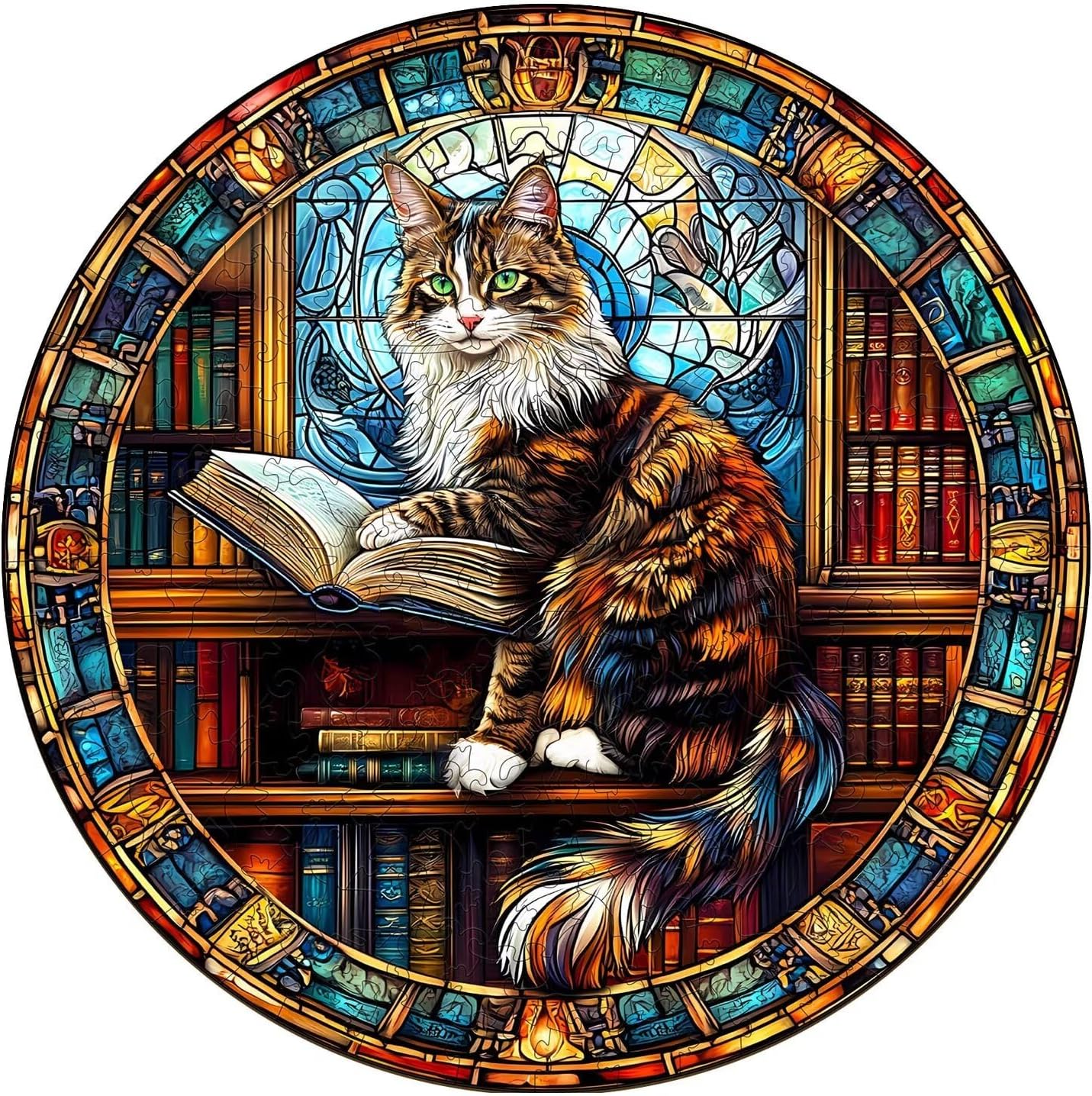 Wooden Puzzles Adults, Maine Cat Library Wooden Puzzles 200 Pieces, Unique Animal Shaped Wood Challenging Jigsaw Puzzles Gifts for Adults, 11.4x11.4in