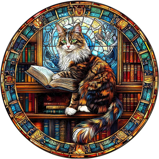 Wooden Puzzles Adults, Maine Cat Library Wooden Puzzles 200 Pieces, Unique Animal Shaped Wood Challenging Jigsaw Puzzles Gifts for Adults, 11.4x11.4in