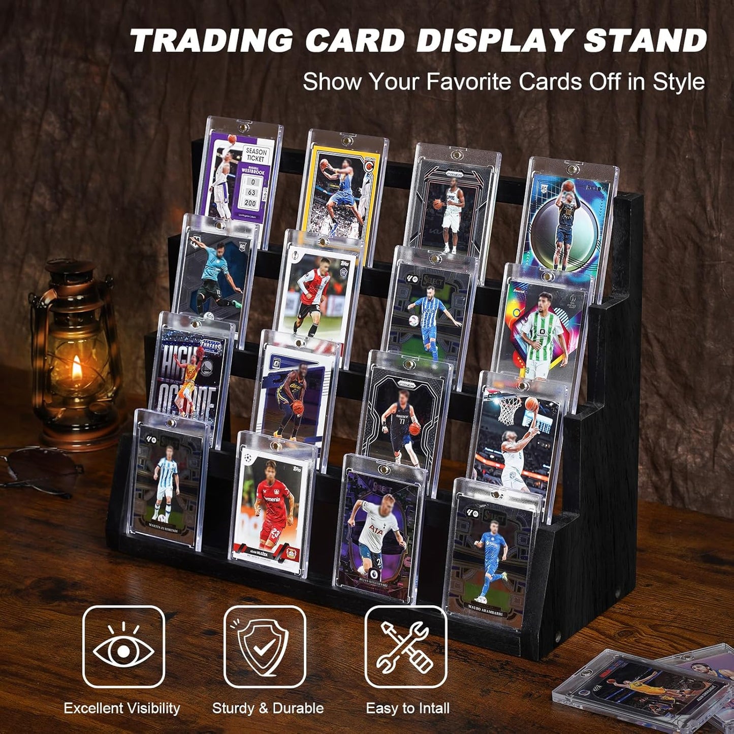 Emfogo Card Display Stand, 4-Tier Trading Card Display, Wooden Graded Baseball Sports Card Display, Trading Card Display Case for Card Collection & Show (Black)