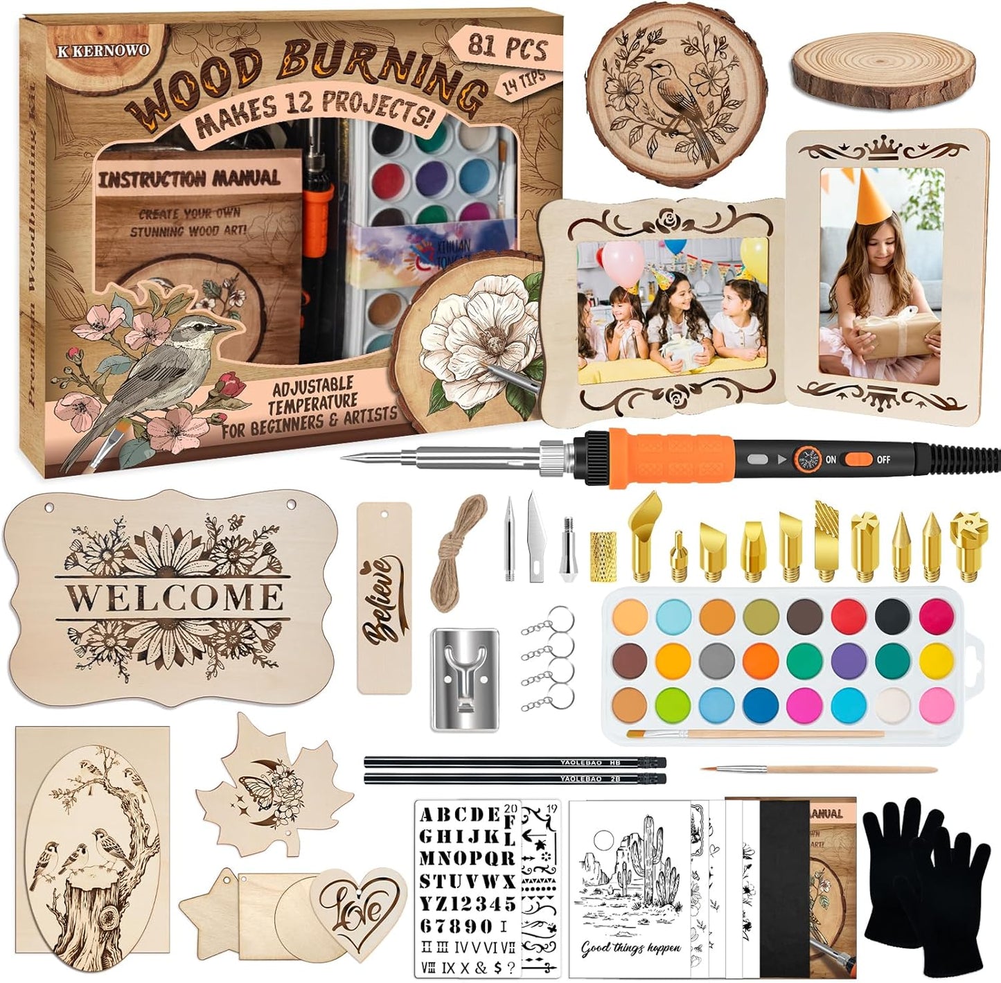 K KERNOWO Wood Burning Kit - 81Pcs All-in-One Wood Burning Tool Pen Adjustable Temperature Wood Burner Kit Crafts Gifts for Adults & Teens, Woodburning Kits for Beginner Pyrography
