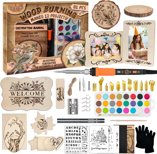 K KERNOWO Wood Burning Kit - 81Pcs All-in-One Wood Burning Tool Pen Adjustable Temperature Wood Burner Kit Crafts Gifts for Adults & Teens, Woodburning Kits for Beginner Pyrography