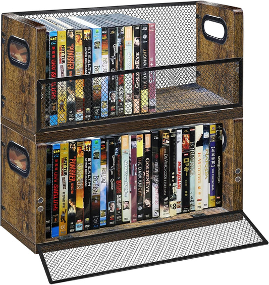 DVD Storage Shelve Blu ray Holder, Set of 2 DVD Racks Hold Up To 56 DVDs (28 Each), Stackable DVD Tower also Used for CDs, Video Game Cases, Vhs Taps, Desktop organizer at Home Or Office