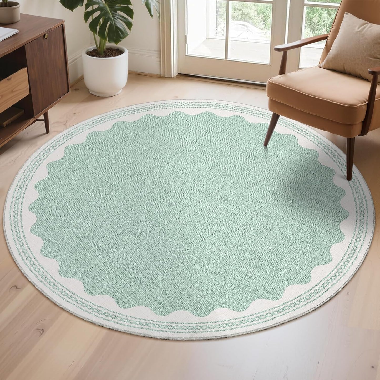 Scalloped Round Rug 4ft, Small Area Rugs Solid GreenRug for Bedroom Girls, Washable Rugs for Living Room, Non Slip Scalloped Round Bath Mat, Soft Dorm Nursery Carpet for Bedside