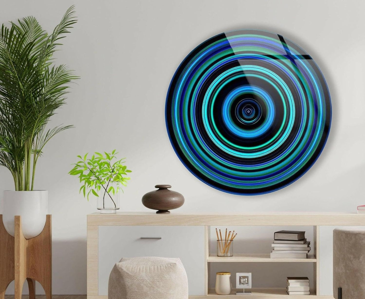 My Photostation.com 24''(60cm) Diameter Blue and Green Round Glass Wall Art Tempered Glass Printing Wall Decor Large Wall Art Wall Hangings