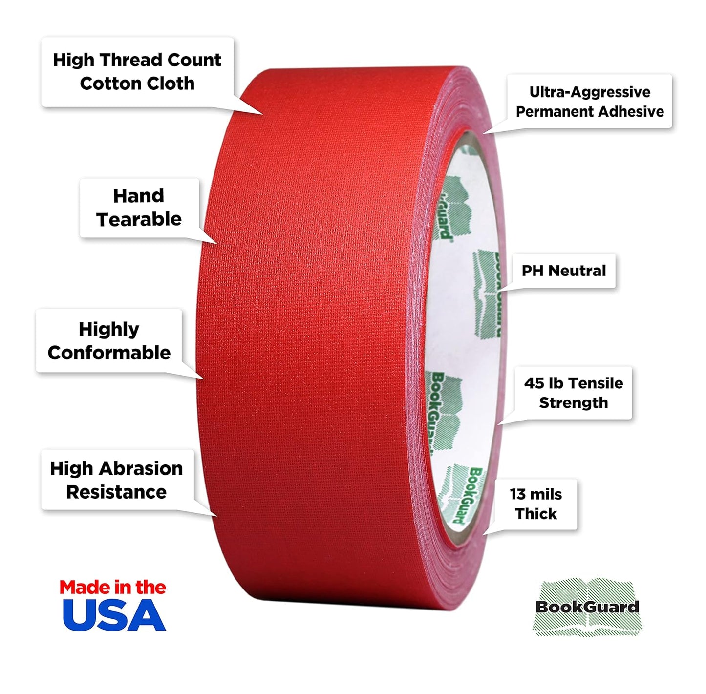 BookGuard 1-1/2 Inch Vinyl-Coated Cotton Cloth Bookbinding Repair Tape, 15 Yard Roll, Red