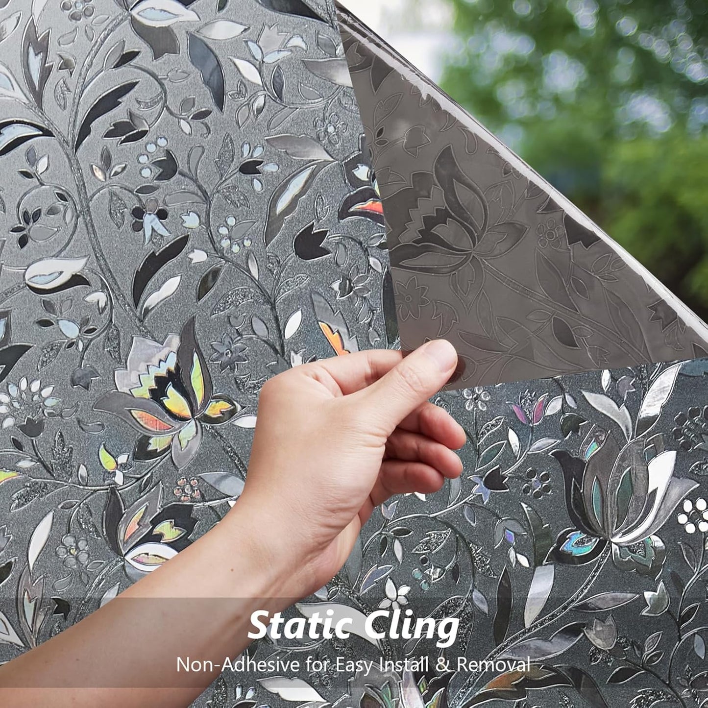 Kromapolis Window Film, Window Privacy Film Frosted, Vinyl Glass Covering, Stained Glass Decorative Film, Static Window Clings, Non-Adhesive (Grayish Black, 11.8 x 78.7 inch)