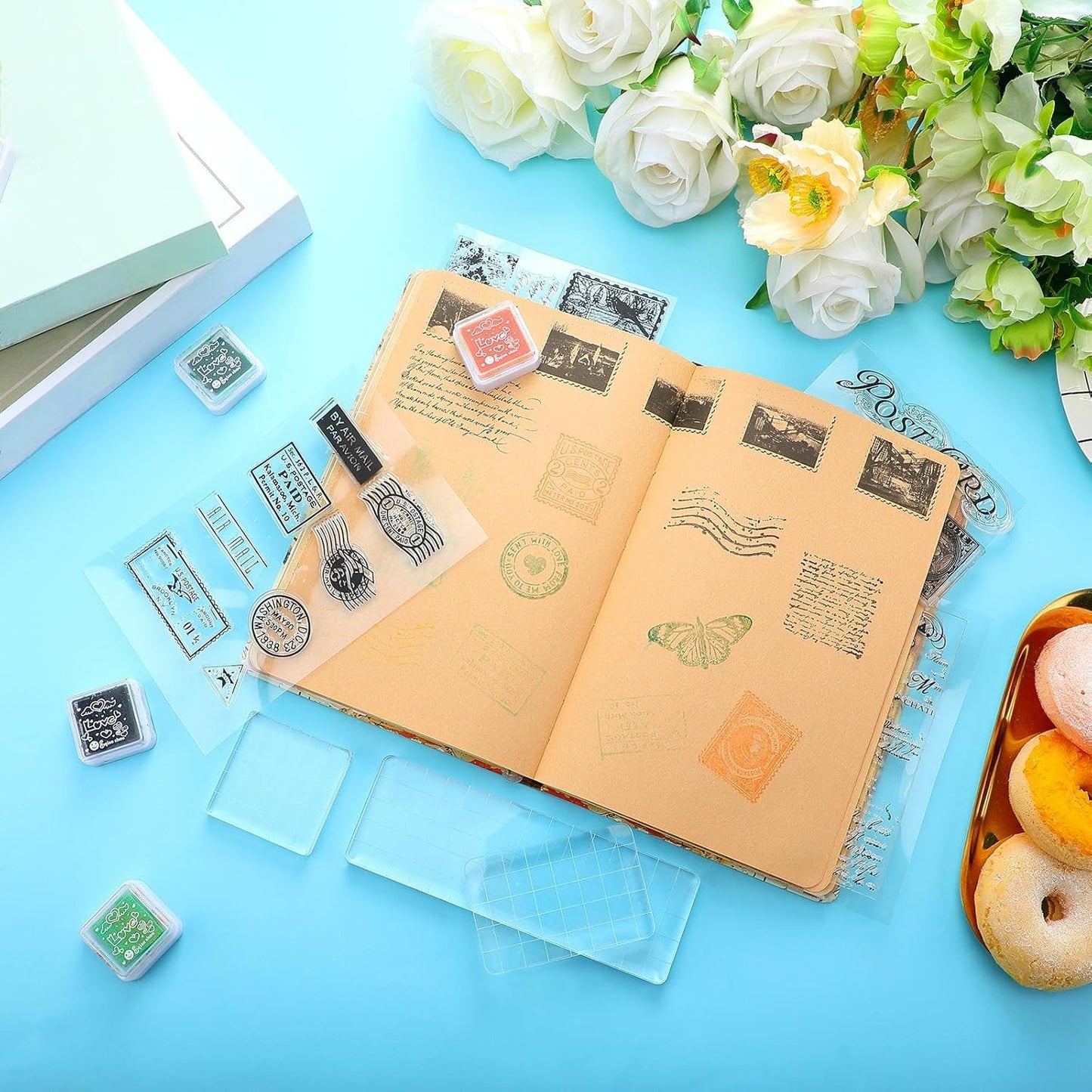 Yinder 7 Pcs Vintage Rubber Clear Stamps Set 4 Sheet Transparent Postage Silicone Stamps 3 Pcs Acrylic Stamp Block Tools with Grid Lines Rubber Craft Supplies for DIY Scrapbooking Journaling