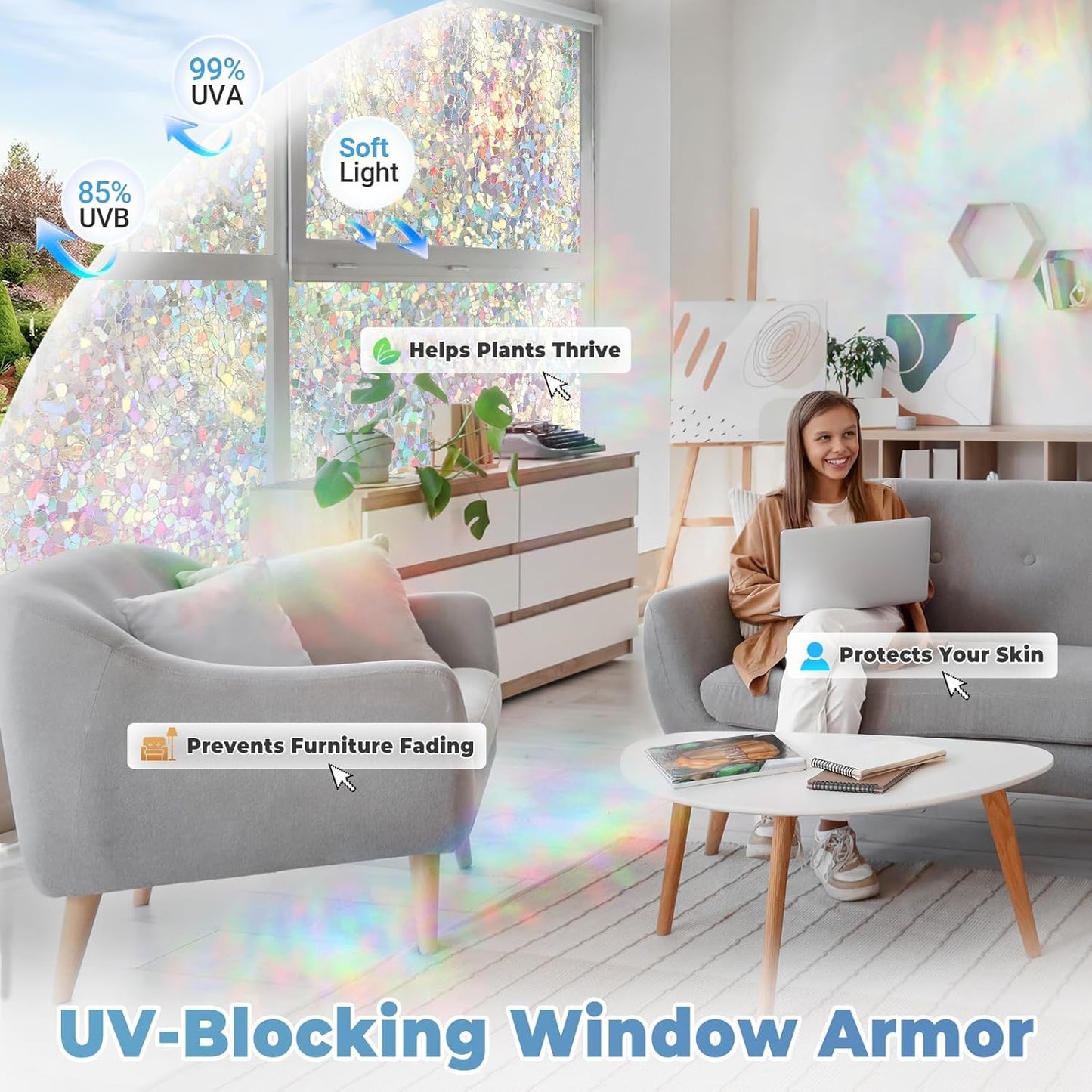 DOWELL Window Privacy Film Rainbow Film, Stained Glass Decorative Sticker, Static Cling Non-Adhesive Glass Clings, Sun Blocking Heat Control Window Coverings for Home Door, 35.4" x 78.7"