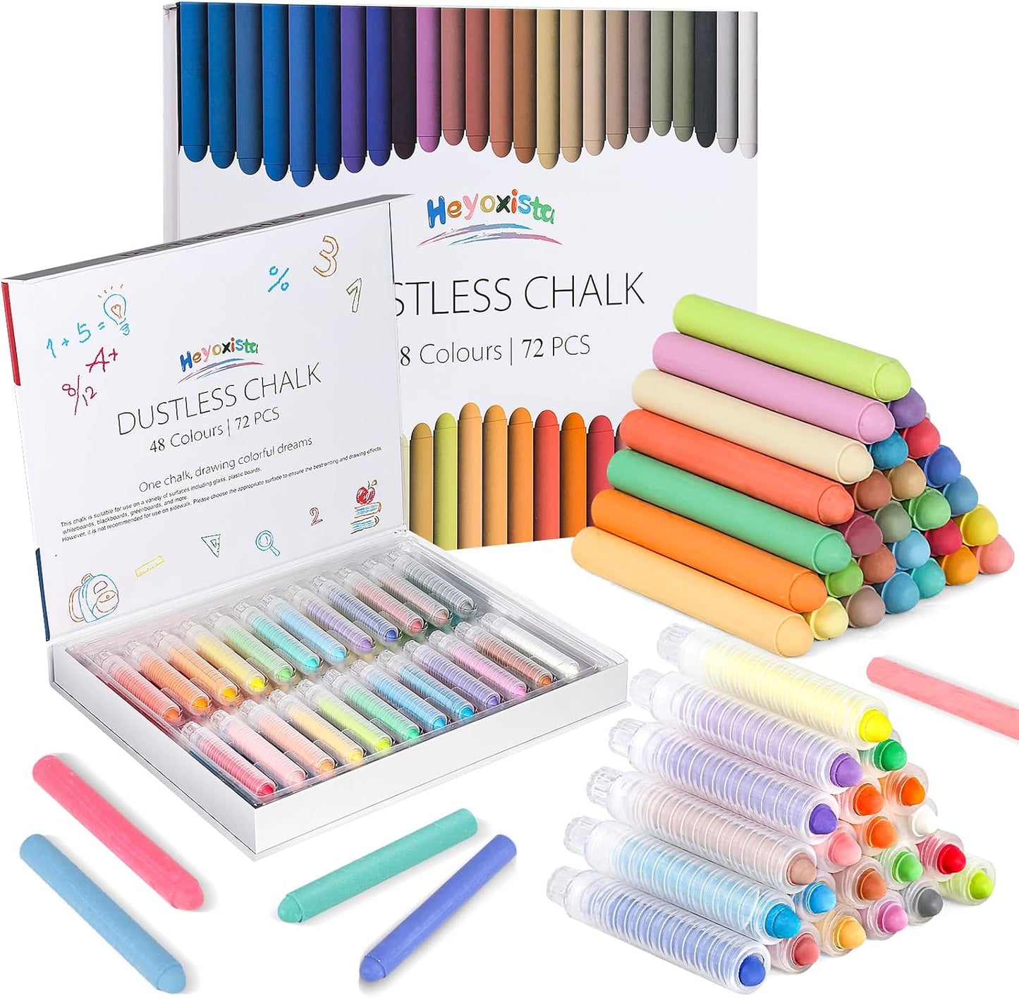 72Pcs Colored Dustless Washable Drawing Chalk Artists Set with 24 Holder - Non-Toxic Art & Drawing Supplies for Kids,Works on Glass/Paper/Wood/Tile (Avoid Rough Textures,Not For ROUGH Chalkboard Use)